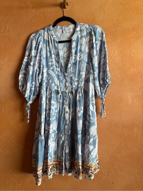 Iris Maxi Blue Tropical Floral Button Front Mini Dress Small